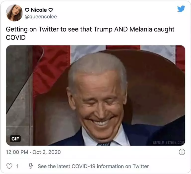Trump Covid Positive Memes  Photo Of Biden Who Can'T Help Laughing Captioned By Getting On Twitter To See That Trump And Melania Caught Covid.