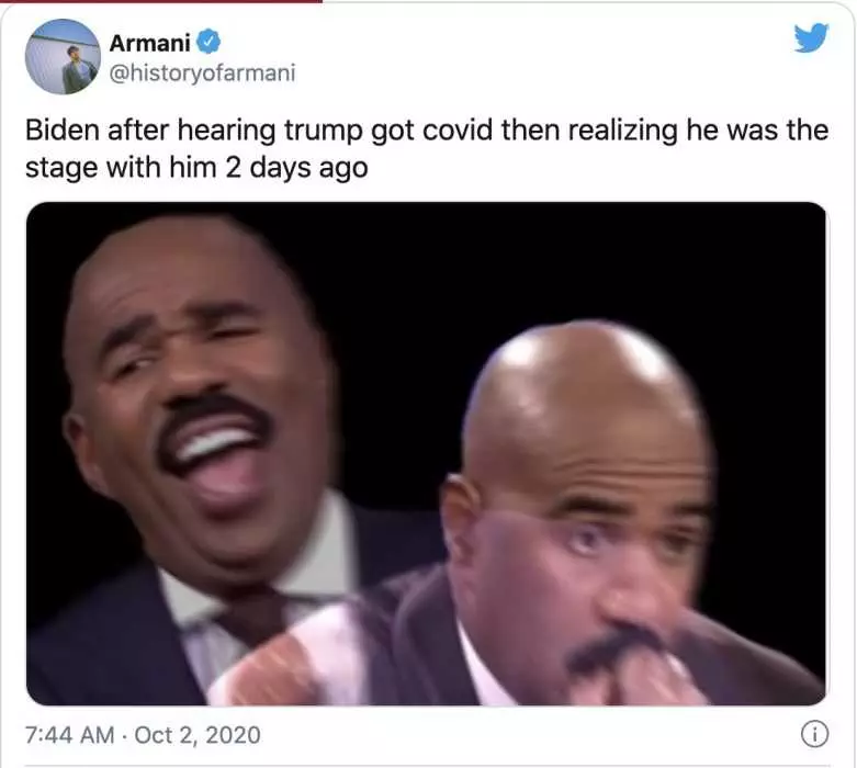Biden Reacting To Hearing Trump Has Corona Then Realizing He Was With Him 2 Days Ago Trump Covid Memes Meme Showing Someone Laughing And Then Looking Nervous Captioned By Biden After Hearing Trump Got Covid And Then Realizing He Was On Stage With Him 2 Days Ago.
