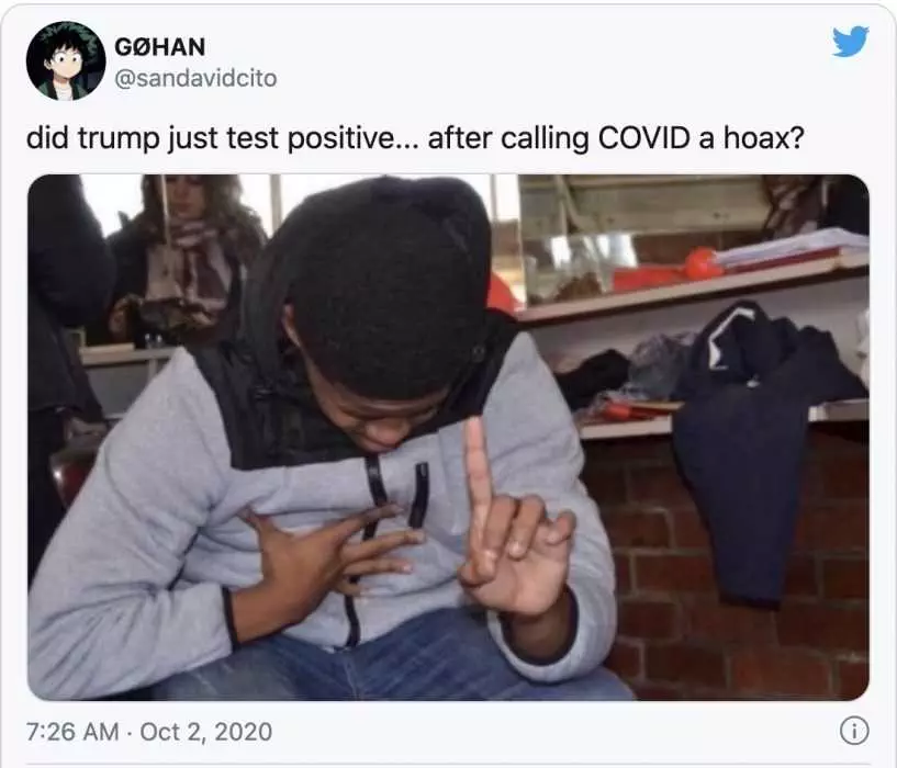 Trump Covid Meme  Child Laughing Hysterically Captioned By Did Trump Just Test Positive ... After Calling Covid A Hoax?