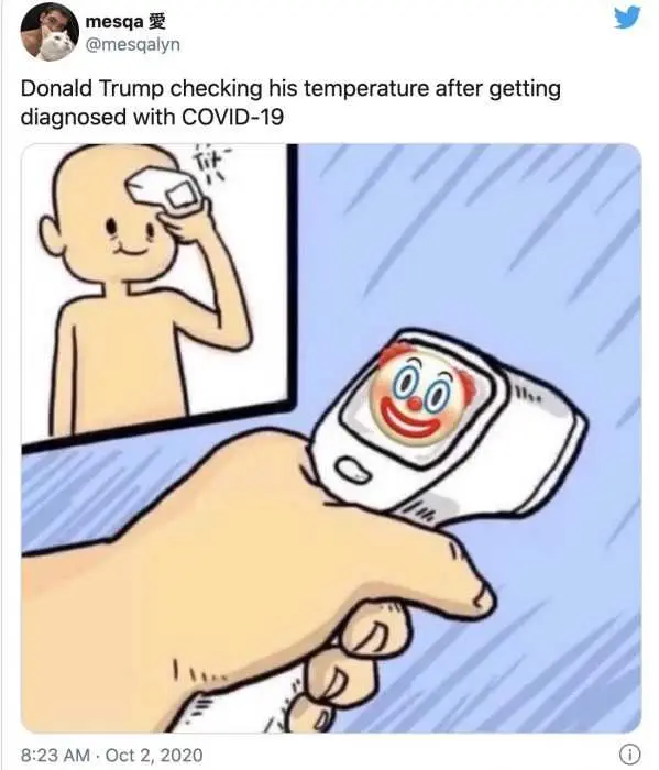 After Trump Got Covid, The Thermometer Shows A Funny Reading After Taking His Temperature Trump Covid Memes Meme Showing Someone Taking Their Temperature With A Thermometer Showing A Clown Captioned By Donald Trump Checking His Temperature After Getting Covid19.