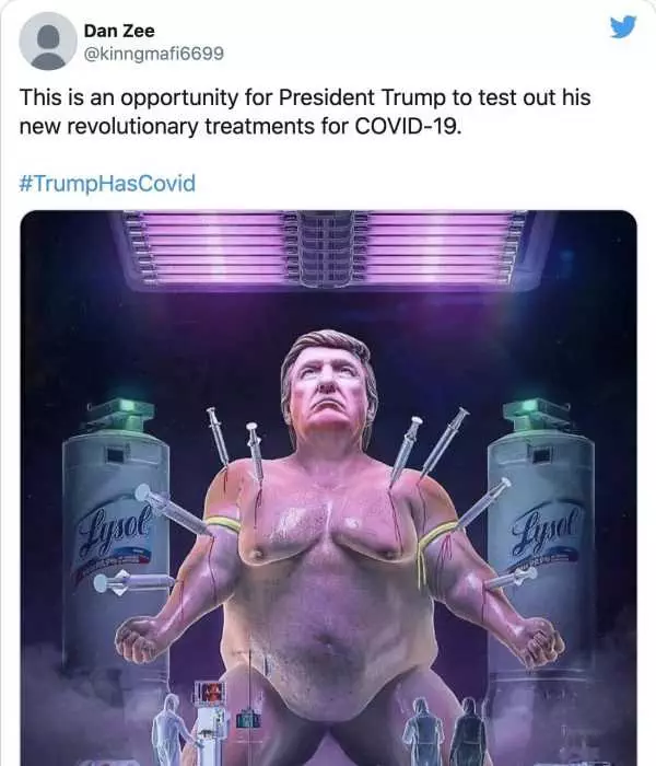 Trump Has Covid Meme  Picture Of Trump Looking Like The Hulk With Needles Stuck Into Him Filled With Lysol