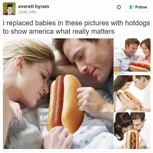Hot Dogs Into The Arms Of Couples Replacing Babies Saying That Hot Dogs Are What Really Matters