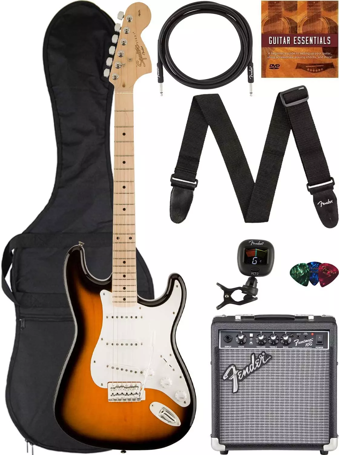 The Gorgeous Fender Squier Affinity Stratocaster Bass Guitar  2Color Sunburst Bundle