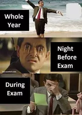 3 Mr. Bean Pictures Depicting Whole Year, Night Before Exam And During Exam In Funny Student Meme
