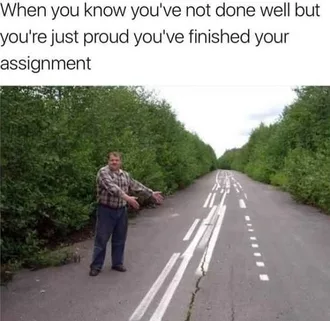 Student Meme Of Poorly Painted Road Captioned When You Know You'Ve Not Done Well But You'Re Just Proud You'Ve Finished Your Assignment