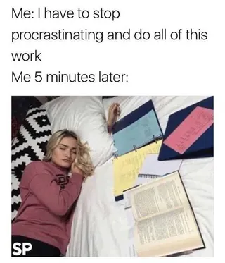 Meme Showing A Student Napping Next To Open Books Captioned I Have To Stop Procrastinating And Do All Of This Work