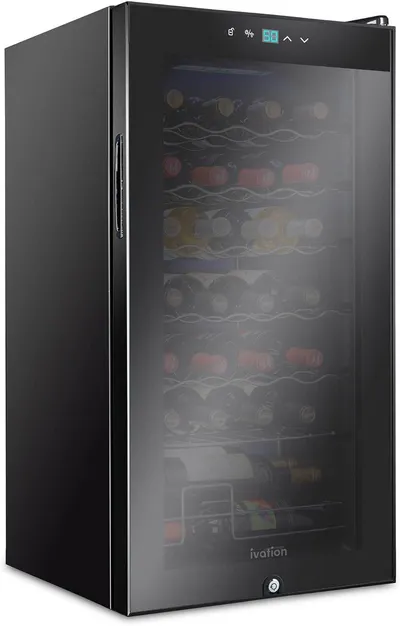 Ivation 28 Bottle Compressor Wine Cooler Refrigerator W/Lock | Large Freestanding Wine Cellar For Red, White, Champagne Or Sparkling Wine | 41F64F Digital Temperature Control Fridge Glass Door Black