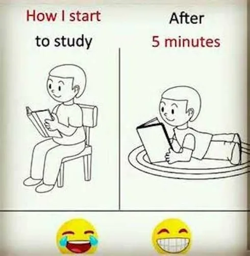 Picture Of Child Reading On A Chair Next To A Child Reading While Lying Prone On A Carpet Captioned How I Start To Study And Then After 5 Minutes