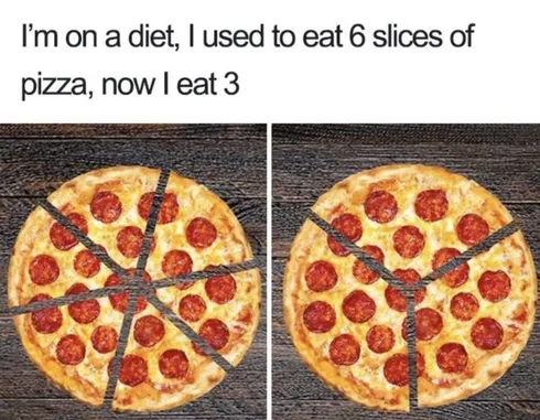Eating-Less-6-Slices-Vs-3-Slices-Meme Meme Featuring Being On A Diet Means Pizza Cut Into 3 Slices Instead Of 6