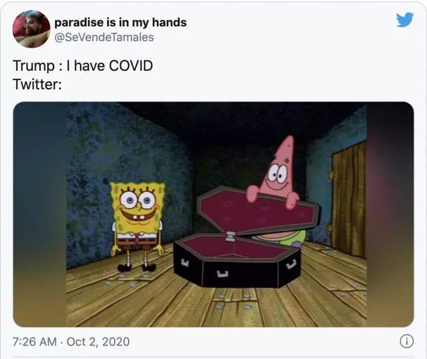 Trump Covid Meme Showing Sponge Bob Waiting With An Open Coffin Captioned By 'Trump: I Have Covid&Quot; And Twitter: The Picture
