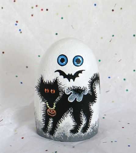 Halloween Painted Rocks Ghost With A Scared Black Cat
