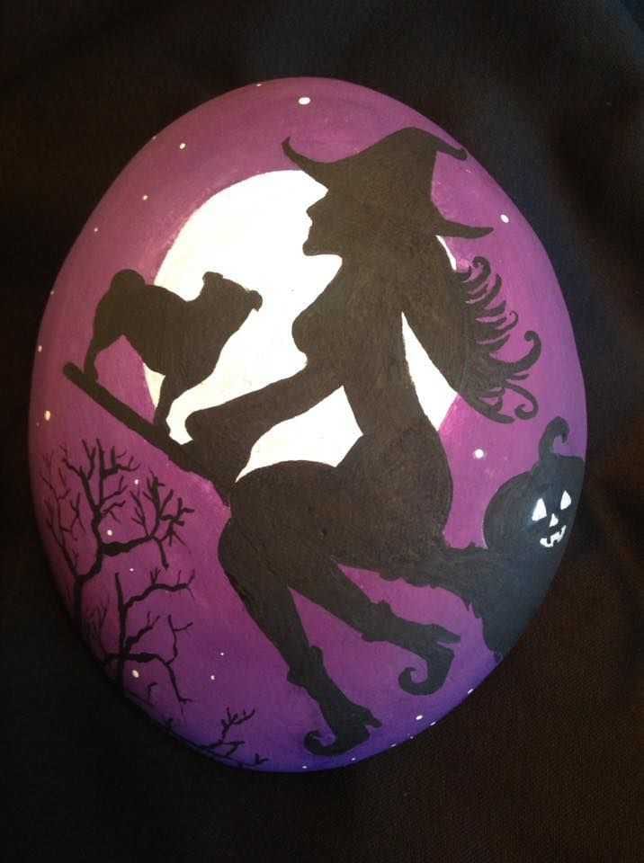 Halloween Rock Painting Witch On A Broom Stick