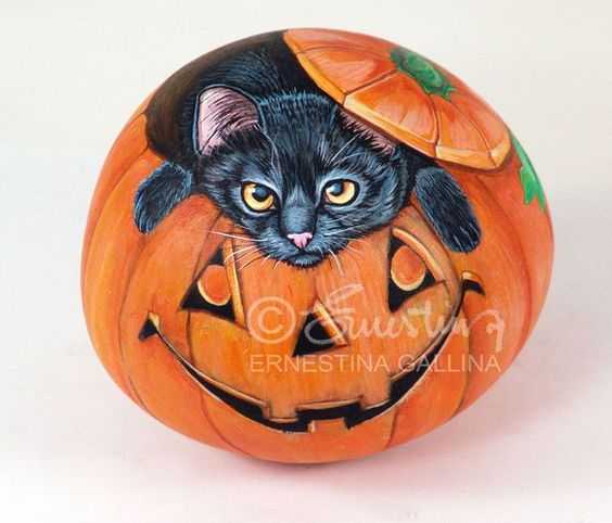 Halloween Painted Rocks Black Cat In Jackolantern