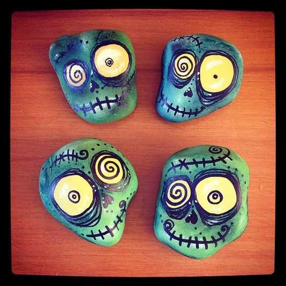 Halloween Painted Rocks Frankenstein Heads