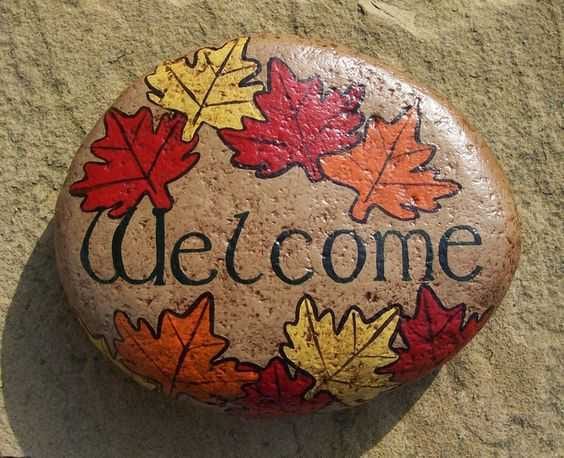 Fall Painted Rock Welcome Rock Decorated With Red Yellow And Orange Maple Leaves