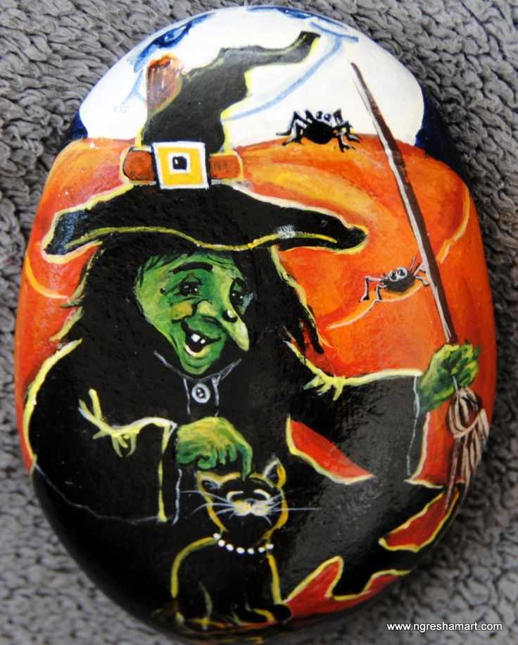 Halloween Painted Rocks Witch With Pet Cat