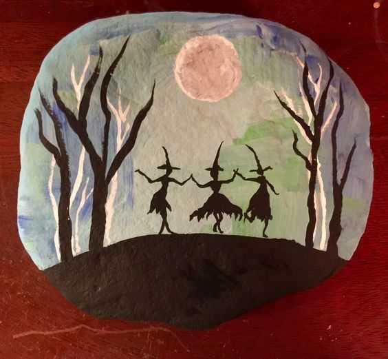 Halloween Painted Rock Ideas 3 Witches Dancing Under Full Moon